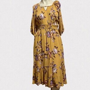 Roolee Mustard Floral Midi Dress Cottagecore Prairie Modest Smocked Waist